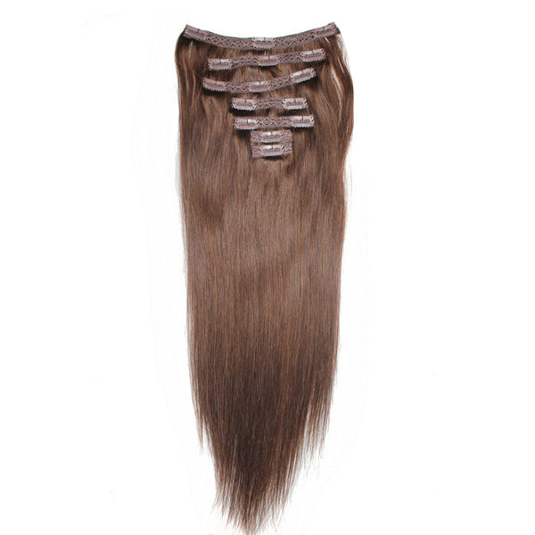 16" Clip In Remy Hair Extensions: Medium Brown No. 4 - Celebrity Strands
 - 4