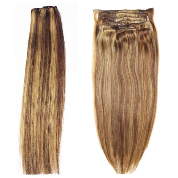 16" Clip In Remy Hair Extensions: Light Brown and Golden Blonde P8/24 - Celebrity Strands
 - 4