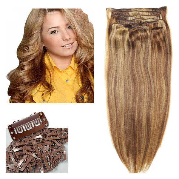 16" Clip In Remy Hair Extensions: Light Brown and Golden Blonde P8/24 - Celebrity Strands
 - 2