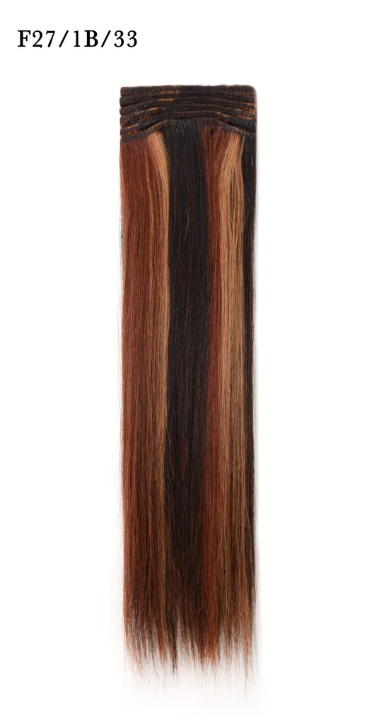 Weft Human Hair Extensions: Color #F27/1B/33 Honey Blonde, Off Black and Dark Auburn Mix
