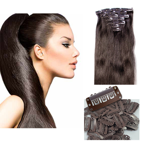 16" Clip In Remy Hair Extensions: Darkest Brown No. 2 - Celebrity Strands
 - 2