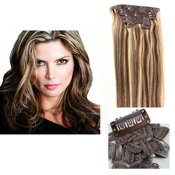 18" Clip In Remy Hair Extensions: Dark Brown/ Monroe Blonde No. P4-613 - Celebrity Strands
 - 5