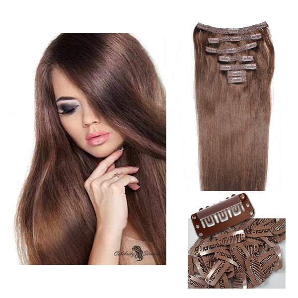 18" Clip In Remy Hair Extensions: Medium Brown No. 4 - Celebrity Strands
 - 5