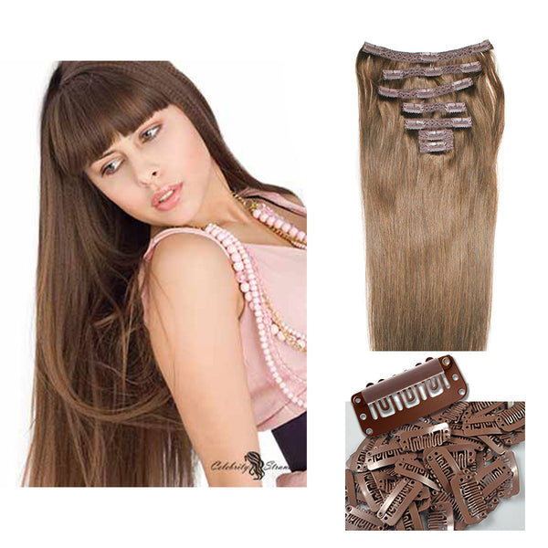18" Clip On Human Hair Extensions: Light Ash Brown No. 5 - Celebrity Strands
 - 2