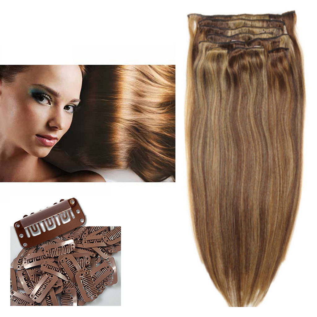 Clip On Hair Extensions with golden highlights P6 27 Celebrity Strands