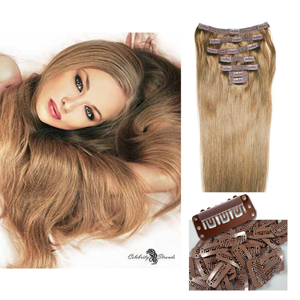 18" Clip In Remy Hair Extensions: Light Brown No. 8 - Celebrity Strands
 - 5